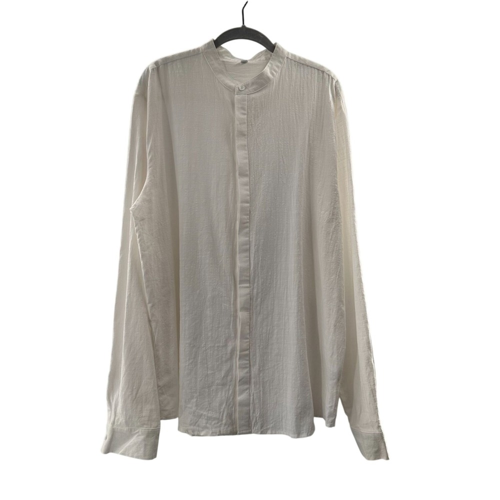 Mandarin Collar‎ Long Sleeve Shirt S 80% Cotton 20% Flax White Dress Work Preppy